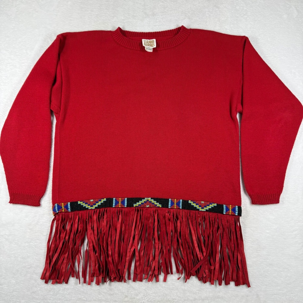 Lianne Barnes Red Cotton Beaded Fringe Western Sweater Womens Size 3/L USA Made